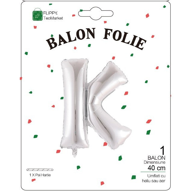 Balon Folie Metalizata Litera K, 40 cm, Umflati cu Heliu sau Aer, Ambalaj Individual, Pai inclus, Argintiu
