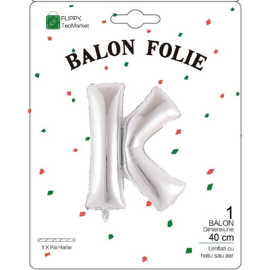 Balon Folie Metalizata Litera K, 40 cm, Umflati cu Heliu sau Aer, Ambalaj Individual, Pai inclus, Argintiu