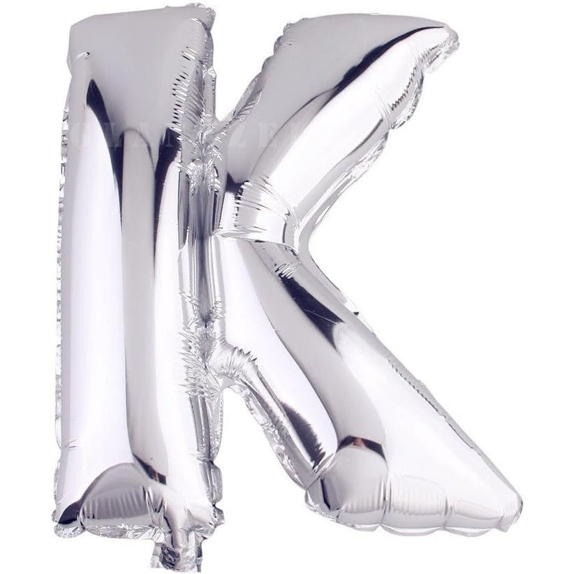 Balon Folie Metalizata Litera K, 40 cm, Umflati cu Heliu sau Aer, Ambalaj Individual, Pai inclus, Argintiu