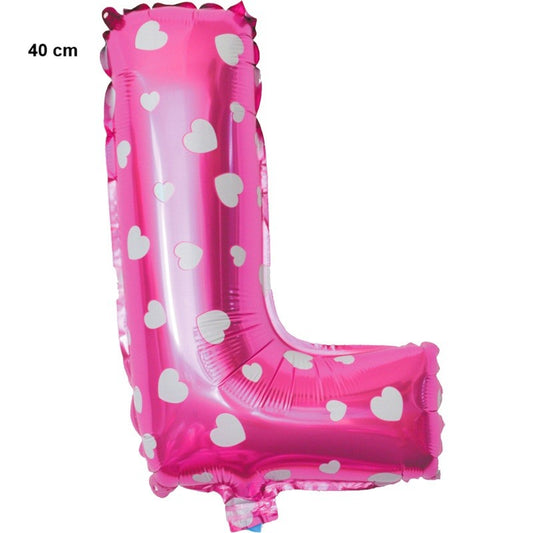 Balon Folie Metalizata Litera L, 40 cm, Cu Imprimeu Inimioare, Umflati cu Heliu sau Aer, Ambalaj Individual, Pai inclus, Roz
