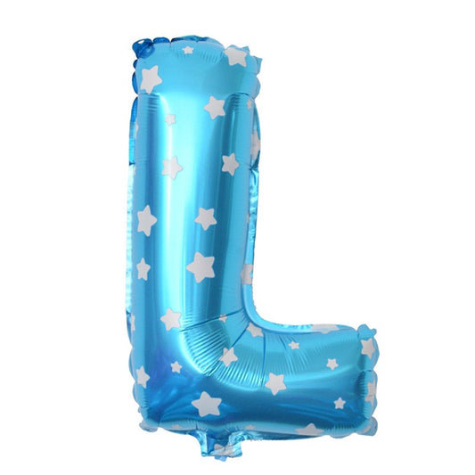 Balon Folie Metalizata Litera L, 40 cm, Cu Imprimeu Stelute, Umflati cu Heliu sau Aer, Ambalaj Individual, Pai inclus, Albastru