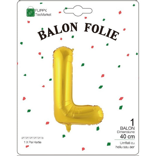 Balon Folie Metalizata Litera L, 40 cm, Umflati cu Heliu sau Aer, Ambalaj Individual, Pai inclus, Auriu