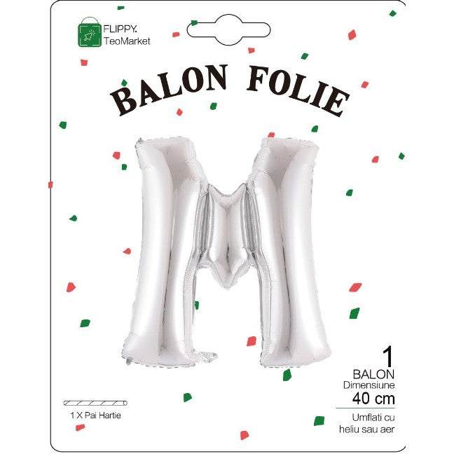 Balon Folie Metalizata Litera M, 40 cm, Umflati cu Heliu sau Aer, Ambalaj Individual, Pai inclus, Argintiu