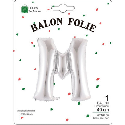 Balon Folie Metalizata Litera M, 40 cm, Umflati cu Heliu sau Aer, Ambalaj Individual, Pai inclus, Argintiu