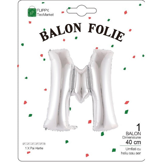 Balon Folie Metalizata Litera M, 40 cm, Umflati cu Heliu sau Aer, Ambalaj Individual, Pai inclus, Argintiu
