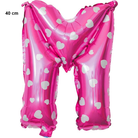 Balon Folie Metalizata Litera M, 40 cm, Cu Imprimeu Inimioare, Umflati cu Heliu sau Aer, Ambalaj Individual, Pai inclus, Roz