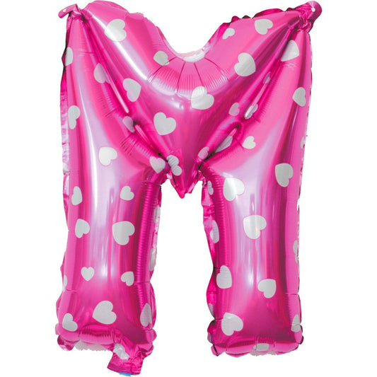 Balon Folie Metalizata Litera M, 40 cm, Cu Imprimeu Inimioare, Umflati cu Heliu sau Aer, Ambalaj Individual, Pai inclus, Roz