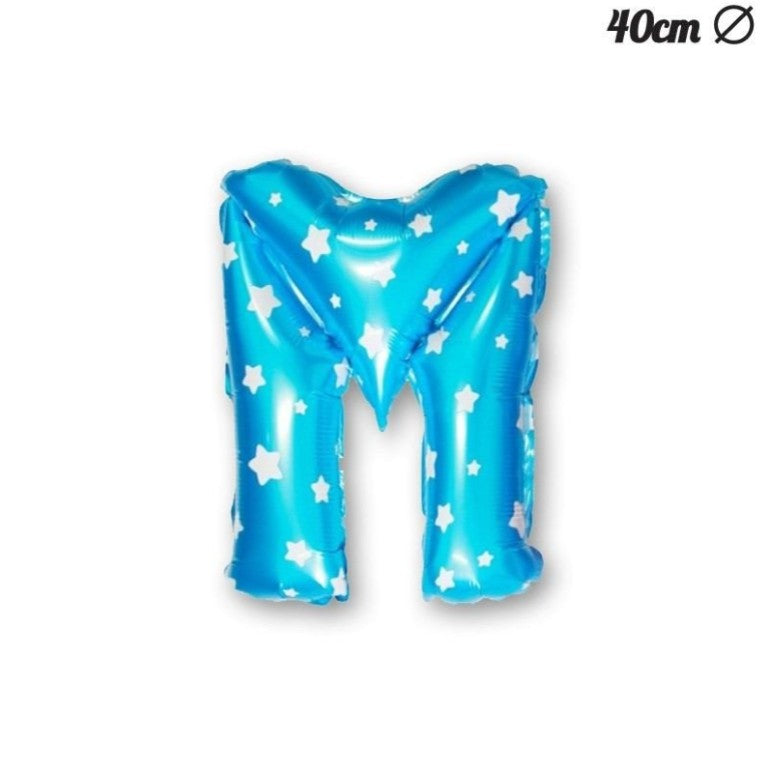 Balon Folie Metalizata Litera M, 40 cm, Cu Imprimeu Stelute, Umflati cu Heliu sau Aer, Ambalaj Individual, Pai inclus, Albastru