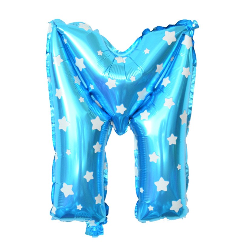 Balon Folie Metalizata Litera M, 40 cm, Cu Imprimeu Stelute, Umflati cu Heliu sau Aer, Ambalaj Individual, Pai inclus, Albastru