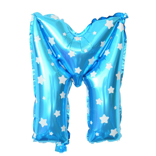 Balon Folie Metalizata Litera M, 40 cm, Cu Imprimeu Stelute, Umflati cu Heliu sau Aer, Ambalaj Individual, Pai inclus, Albastru