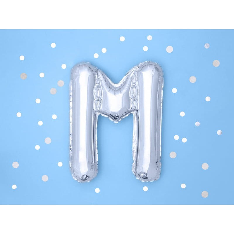 Balon Folie Metalizata Litera M, 40 cm, Umflati cu Heliu sau Aer, Ambalaj Individual, Pai inclus, Argintiu