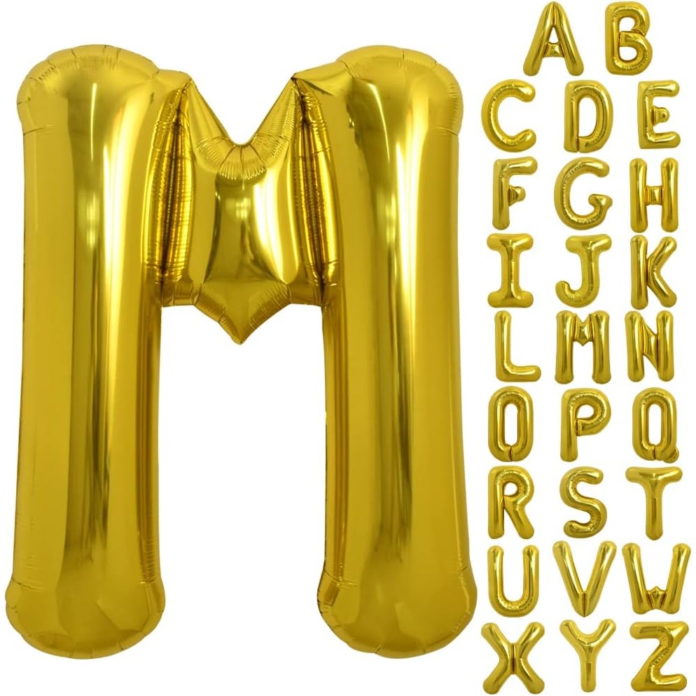 Balon Folie Metalizata Litera M, 80 cm, Umflati cu Heliu sau Aer, Ambalaj Individual, Pai inclus, Auriu