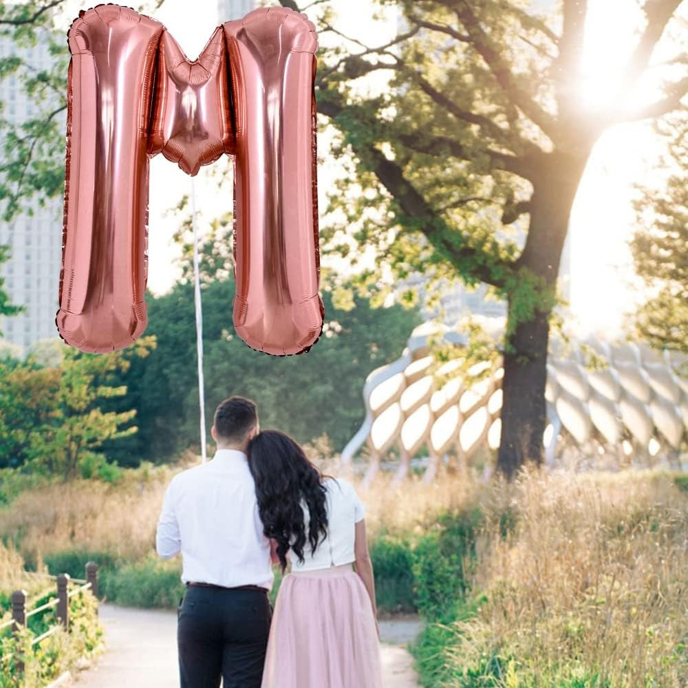 Balon Folie Metalizata Litera M, 80 cm, Umflati cu Heliu sau Aer, Ambalaj Individual, Pai inclus, Rose Gold