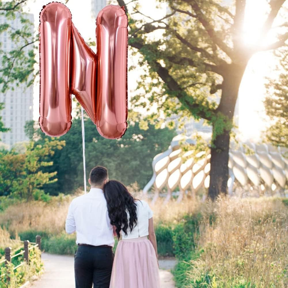 Balon Folie Metalizata Litera N, 100 cm, Umflati cu Heliu sau Aer, Ambalaj Individual, Pai inclus, Rose Gold