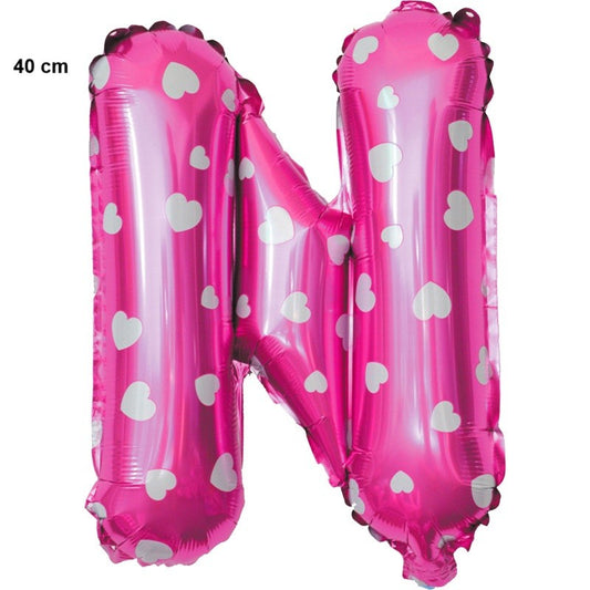 Balon Folie Metalizata Litera N, 40 cm, Cu Imprimeu Inimioare, Umflati cu Heliu sau Aer, Ambalaj Individual, Pai inclus, Roz
