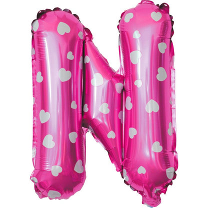Balon Folie Metalizata Litera N, 40 cm, Cu Imprimeu Inimioare, Umflati cu Heliu sau Aer, Ambalaj Individual, Pai inclus, Roz