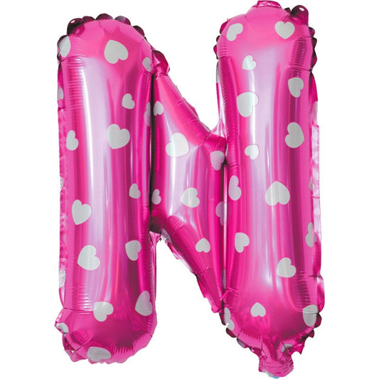 Balon Folie Metalizata Litera N, 40 cm, Cu Imprimeu Inimioare, Umflati cu Heliu sau Aer, Ambalaj Individual, Pai inclus, Roz