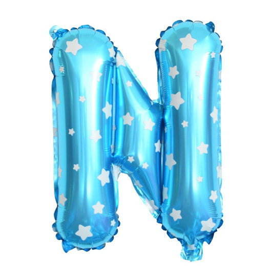 Balon Folie Metalizata Litera N, 40 cm, Cu Imprimeu Stelute, Umflati cu Heliu sau Aer, Ambalaj Individual, Pai inclus, Albastru