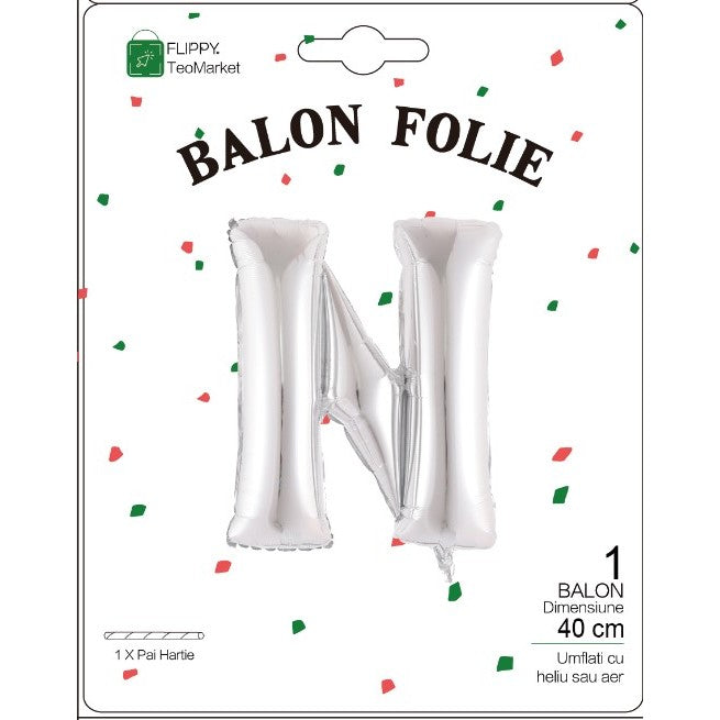 Balon Folie Metalizata Litera N, 40 cm, Umflati cu Heliu sau Aer, Ambalaj Individual, Pai inclus, Argintiu