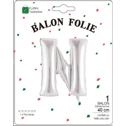 Balon Folie Metalizata Litera N, 40 cm, Umflati cu Heliu sau Aer, Ambalaj Individual, Pai inclus, Argintiu