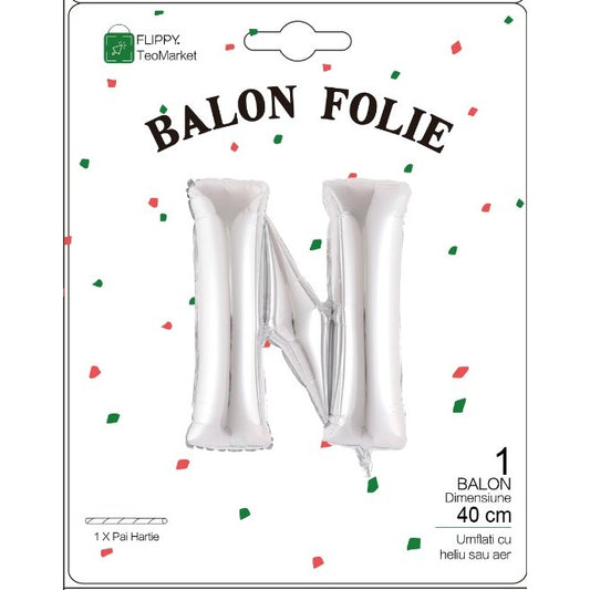 Balon Folie Metalizata Litera N, 40 cm, Umflati cu Heliu sau Aer, Ambalaj Individual, Pai inclus, Argintiu