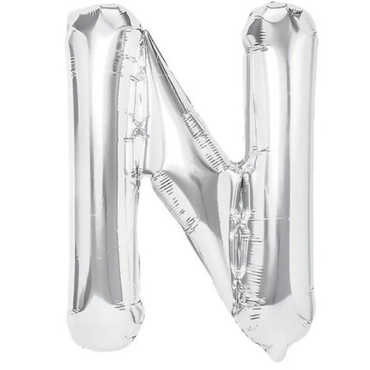 Balon Folie Metalizata Litera N, 40 cm, Umflati cu Heliu sau Aer, Ambalaj Individual, Pai inclus, Argintiu