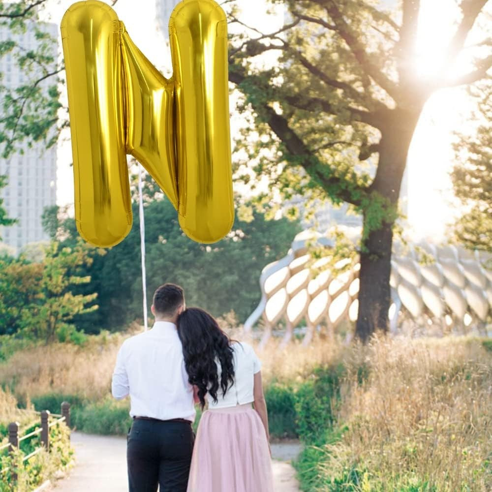 Balon Folie Metalizata Litera N, 80 cm, Umflati cu Heliu sau Aer, Ambalaj Individual, Pai inclus, Auriu