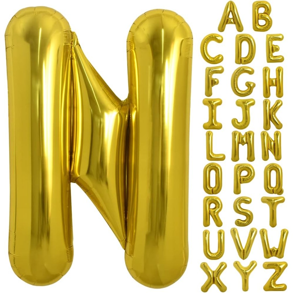 Balon Folie Metalizata Litera N, 80 cm, Umflati cu Heliu sau Aer, Ambalaj Individual, Pai inclus, Auriu