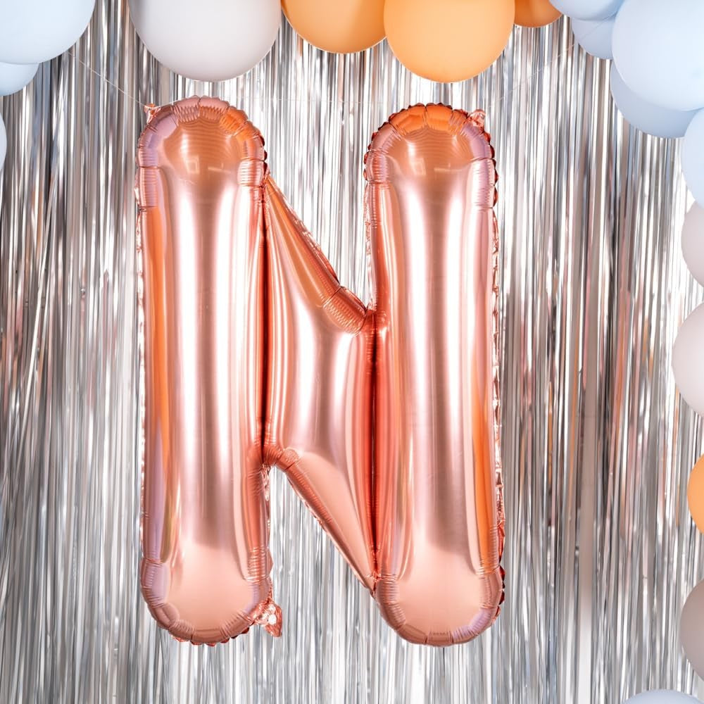 Balon Folie Metalizata Litera N, 80 cm, Umflati cu Heliu sau Aer, Ambalaj Individual, Pai inclus, Rose Gold