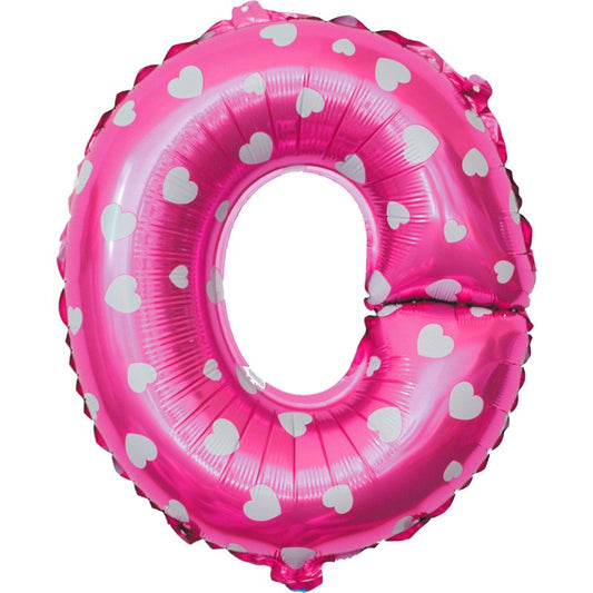 Balon Folie Metalizata Litera O, 40 cm, Cu Imprimeu Inimioare, Umflati cu Heliu sau Aer, Ambalaj Individual, Pai inclus, Roz