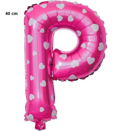 Balon Folie Metalizata Litera P, 40 cm, Cu Imprimeu Inimioare, Umflati cu Heliu sau Aer, Ambalaj Individual, Pai inclus, Roz