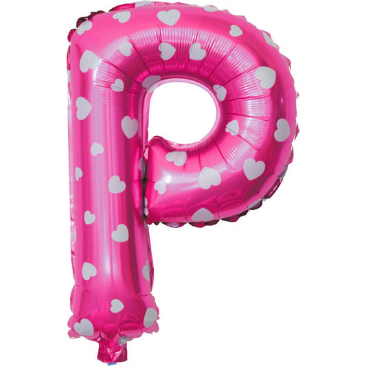 Balon Folie Metalizata Litera P, 40 cm, Cu Imprimeu Inimioare, Umflati cu Heliu sau Aer, Ambalaj Individual, Pai inclus, Roz