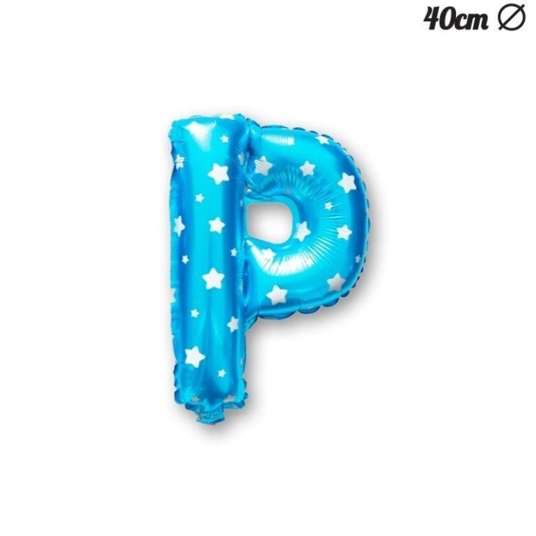 Balon Folie Metalizata Litera P, 40 cm, Cu Imprimeu Stelute, Umflati cu Heliu sau Aer, Ambalaj Individual, Pai inclus, Albastru