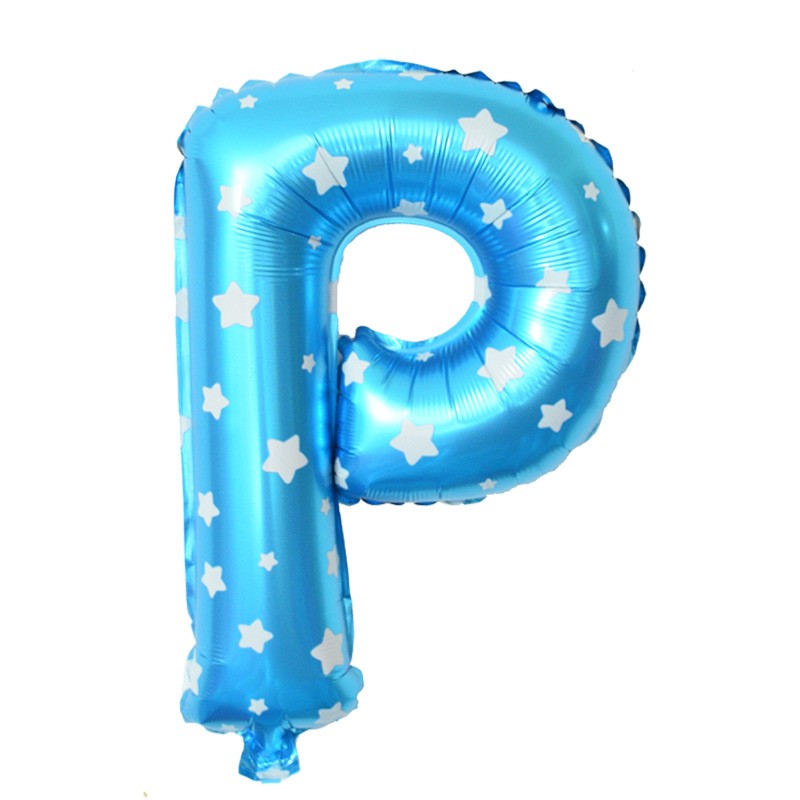 Balon Folie Metalizata Litera P, 40 cm, Cu Imprimeu Stelute, Umflati cu Heliu sau Aer, Ambalaj Individual, Pai inclus, Albastru