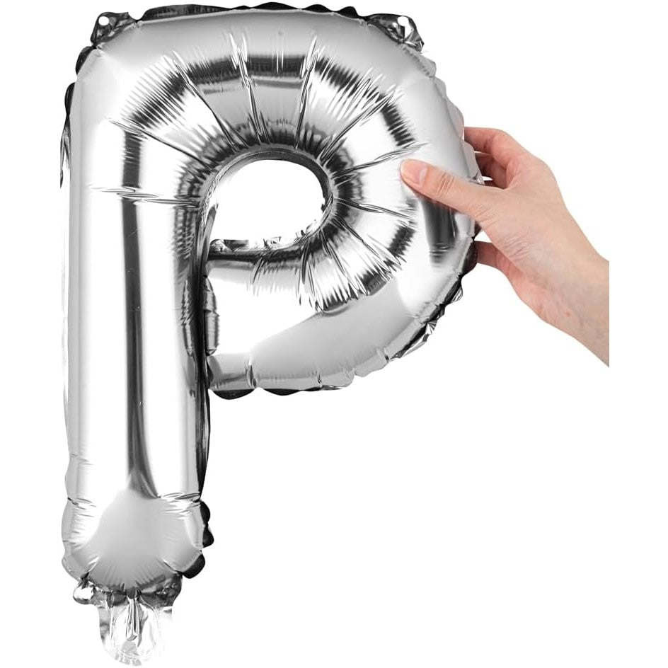 Balon Folie Metalizata Litera P, 40 cm, Umflati cu Heliu sau Aer, Ambalaj Individual, Pai inclus, Argintiu