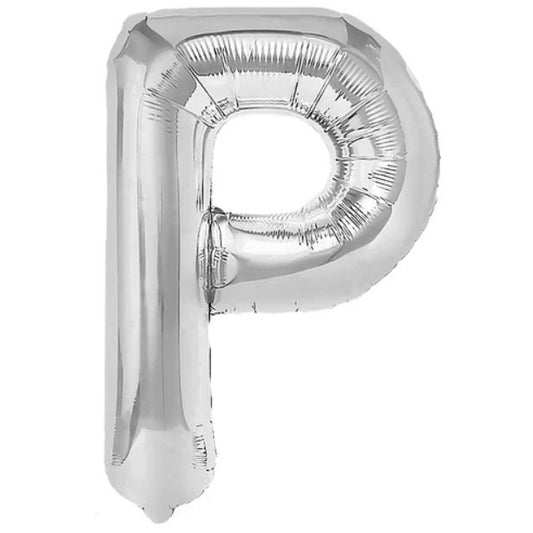 Balon Folie Metalizata Litera P, 40 cm, Umflati cu Heliu sau Aer, Ambalaj Individual, Pai inclus, Argintiu