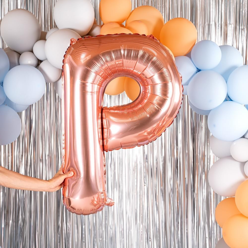 Balon Folie Metalizata Litera P, 80 cm, Umflati cu Heliu sau Aer, Ambalaj Individual, Pai inclus, Rose Gold