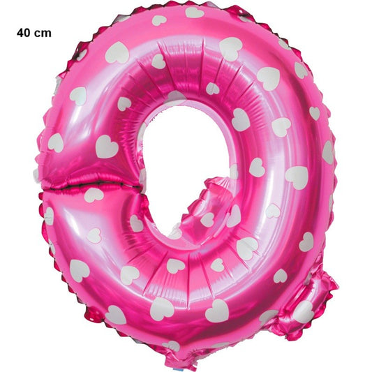 Balon Folie Metalizata Litera Q, 40 cm, Cu Imprimeu Inimioare, Umflati cu Heliu sau Aer, Ambalaj Individual, Pai inclus, Roz