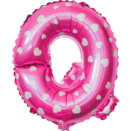 Balon Folie Metalizata Litera Q, 40 cm, Cu Imprimeu Inimioare, Umflati cu Heliu sau Aer, Ambalaj Individual, Pai inclus, Roz