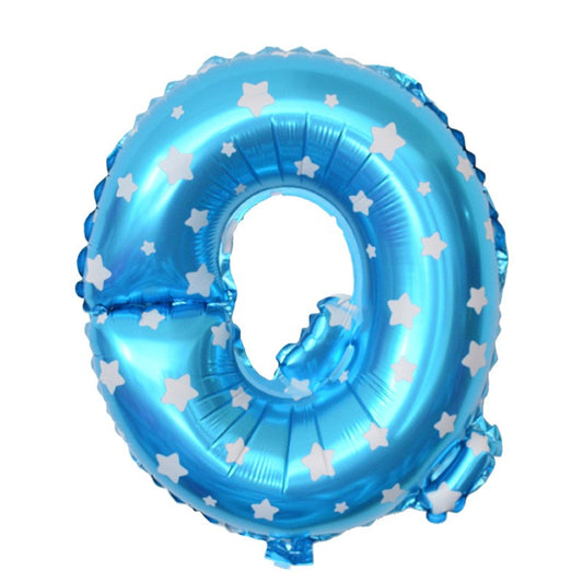Balon Folie Metalizata Litera Q, 40 cm, Cu Imprimeu Stelute, Umflati cu Heliu sau Aer, Ambalaj Individual, Pai inclus, Albastru