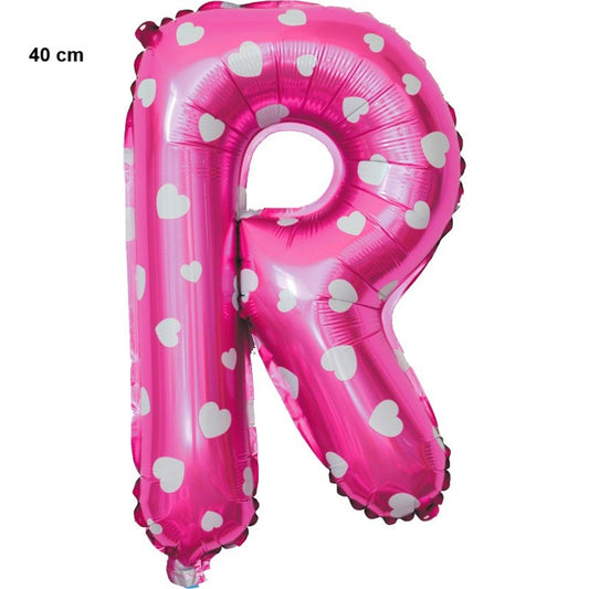 Balon Folie Metalizata Litera R, 40 cm, Cu Imprimeu Inimioare, Umflati cu Heliu sau Aer, Ambalaj Individual, Pai inclus, Roz