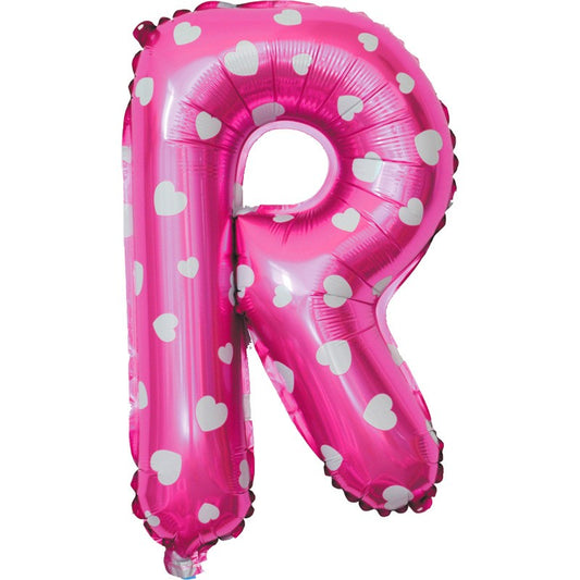 Balon Folie Metalizata Litera R, 40 cm, Cu Imprimeu Inimioare, Umflati cu Heliu sau Aer, Ambalaj Individual, Pai inclus, Roz