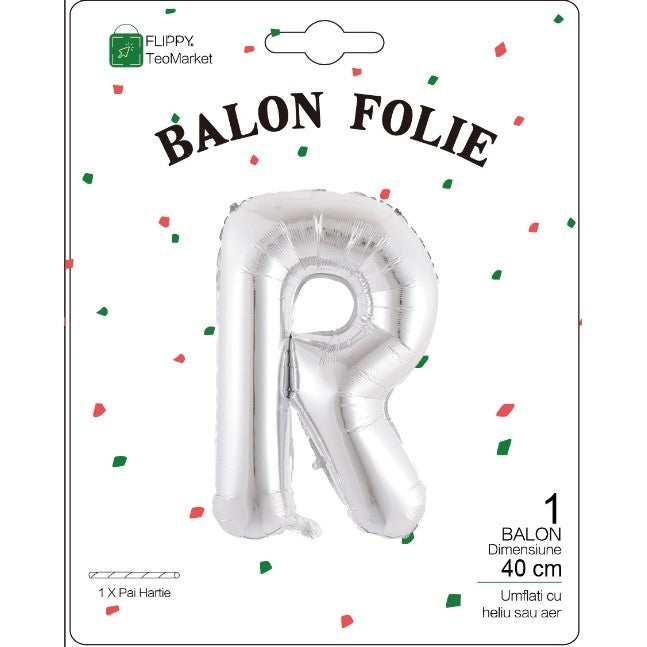 Balon Folie Metalizata Litera R, 40 cm, Umflati cu Heliu sau Aer, Ambalaj Individual, Pai inclus, Argintiu