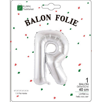 Balon Folie Metalizata Litera R, 40 cm, Umflati cu Heliu sau Aer, Ambalaj Individual, Pai inclus, Argintiu