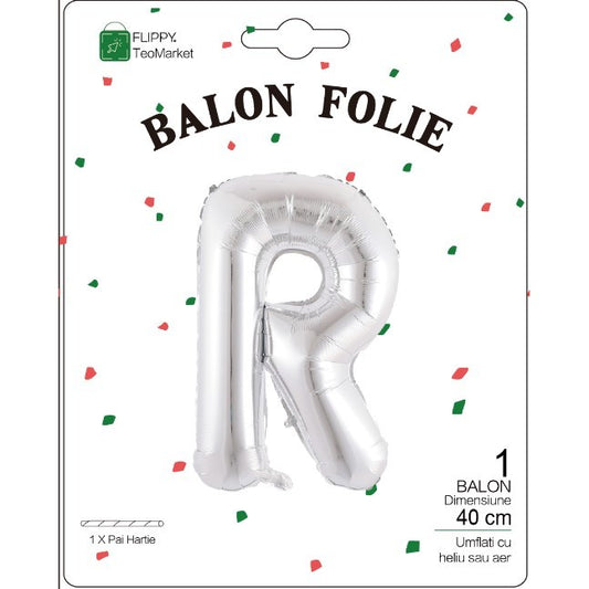 Balon Folie Metalizata Litera R, 40 cm, Umflati cu Heliu sau Aer, Ambalaj Individual, Pai inclus, Argintiu