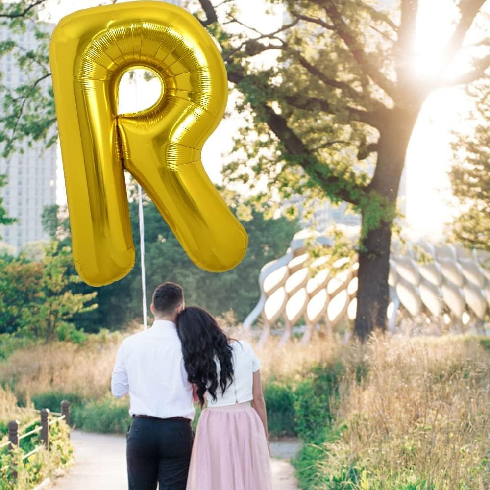 Balon Folie Metalizata Litera R, 80 cm, Umflati cu Heliu sau Aer, Ambalaj Individual, Pai inclus, Auriu