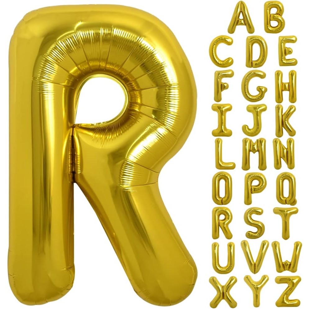 Balon Folie Metalizata Litera R, 80 cm, Umflati cu Heliu sau Aer, Ambalaj Individual, Pai inclus, Auriu