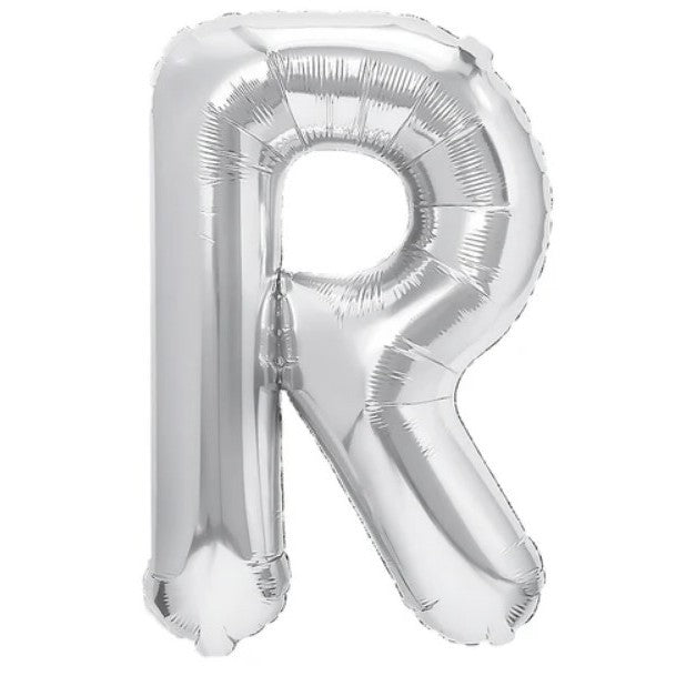 Balon Folie Metalizata Litera R, 80 cm, Umflati cu Heliu sau Aer, Ambalaj Individual, Pai inclus, Argintiu