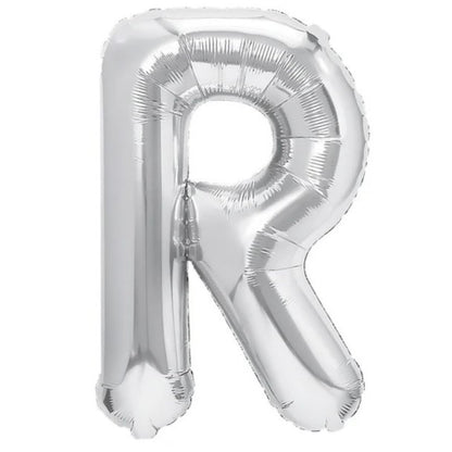 Balon Folie Metalizata Litera R, 80 cm, Umflati cu Heliu sau Aer, Ambalaj Individual, Pai inclus, Argintiu