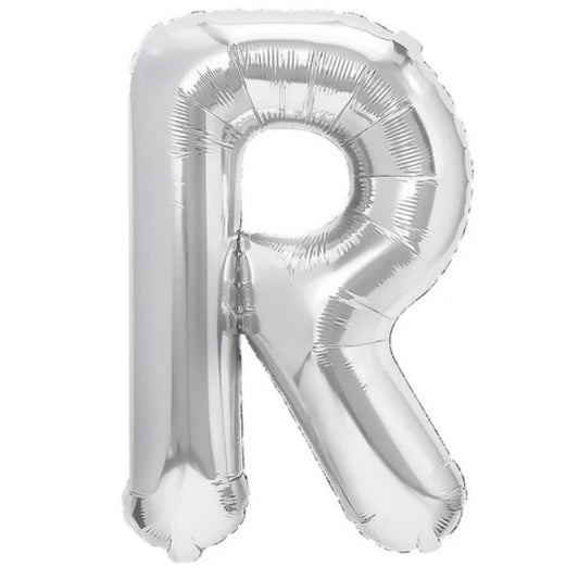 Balon Folie Metalizata Litera R, 80 cm, Umflati cu Heliu sau Aer, Ambalaj Individual, Pai inclus, Argintiu